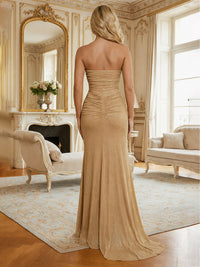 Stretchy Glitter knit Strapless Twist-Front Pleated Prom Dresses Mermaid Maxi Evening Party Gowns with Scarf