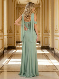 Chiffon One-Shoulder Sweetheart Pleated Formal Dresses Sheath Maxi Party Gowns with Scarf
