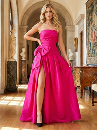 Satin Strapless Ruched High Slit Prom Dresses A-Line Maxi Evening Party Ball Gowns with Bow