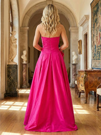 Satin Strapless Ruched High Slit Prom Dresses A-Line Maxi Evening Party Ball Gowns with Bow
