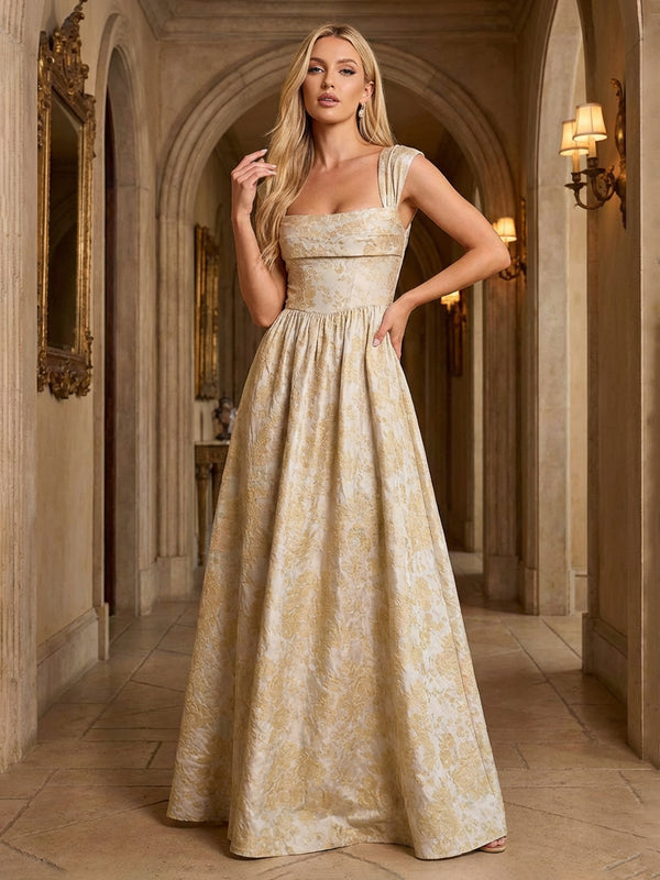 Satin Jacquard Square Neck Ruched Corset Evening Dresses A-Line Maxi Party Ball Gowns for Women