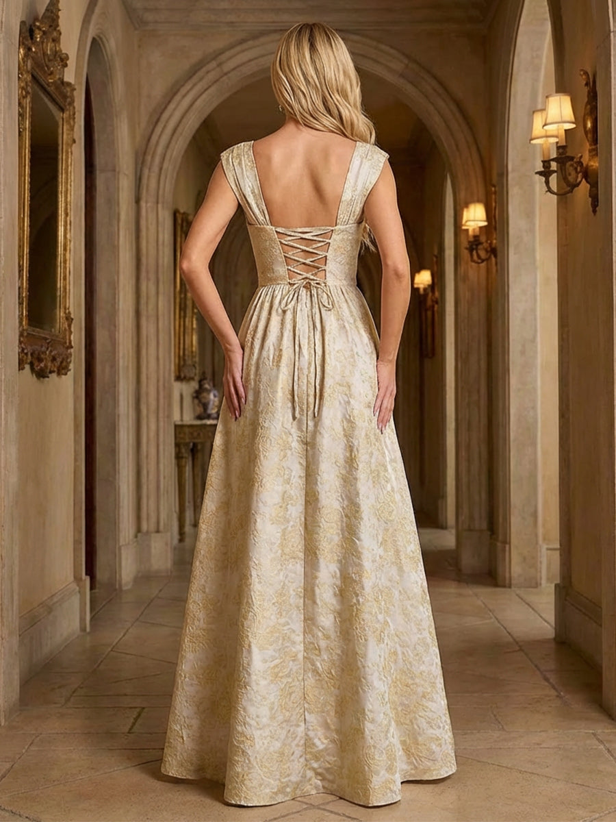 Satin Jacquard Square Neck Ruched Corset Evening Dresses A-Line Maxi Party Ball Gowns for Women