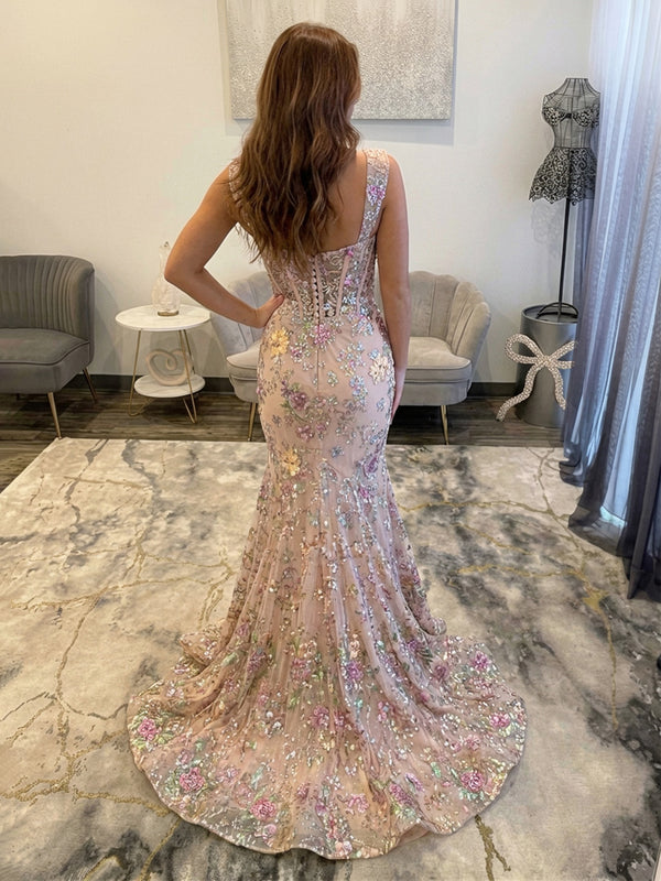 Sweetheart Corset Maxi Prom Dress for Teens Floral Mermaid Evening Dress with Train