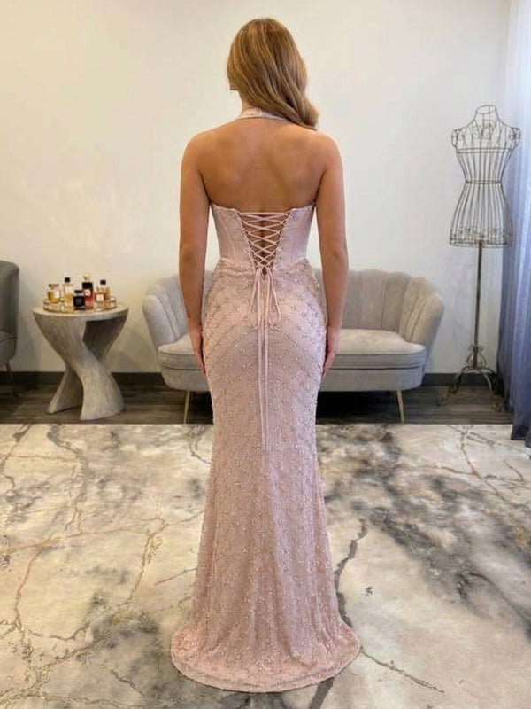 Halter Sequins Sweetheart Mermaid Corset Maxi Prom Dress for Teens with Satin