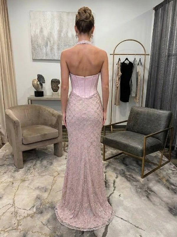 Halter Sequins Round Neck Mermaid Corset Maxi Prom Dress for Teens with Satin