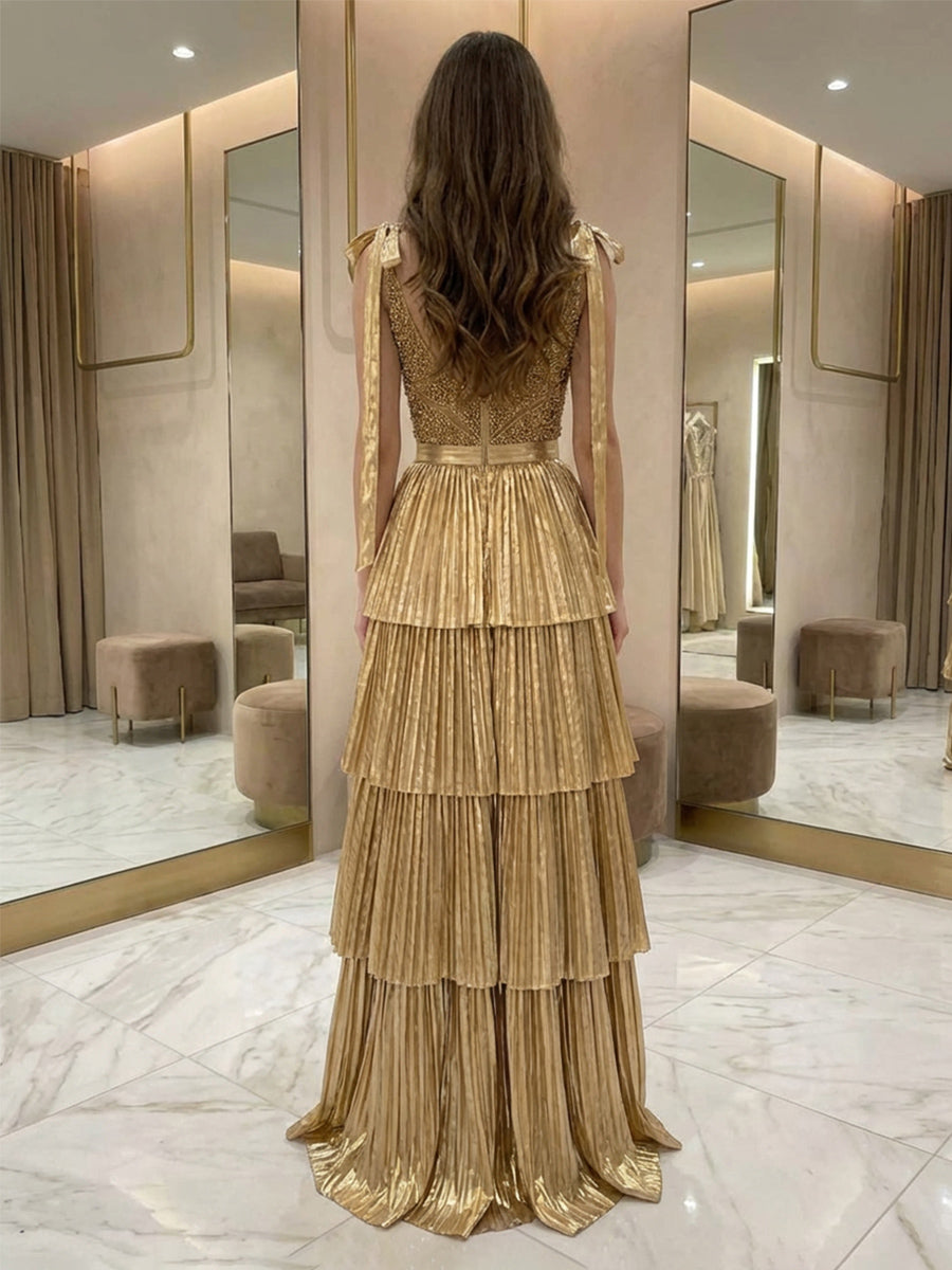Sequins Tiered Pleated Prom Gowns Metallic V-Neck Maxi Evening Dress for Teens with Bows