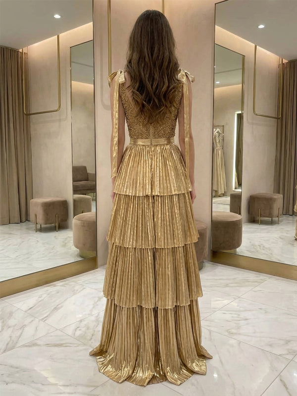Sequins Tiered Pleated Prom Gowns Metallic V-Neck Maxi Evening Dress for Teens with Bows