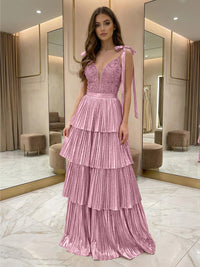 Sequins Tiered Pleated Prom Gowns Metallic V-Neck Maxi Evening Dress for Teens with Bows