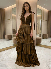 Sequins Tiered Pleated Prom Gowns Metallic V-Neck Maxi Evening Dress for Teens with Bows