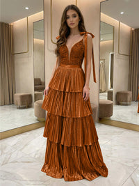 Sequins Tiered Pleated Prom Gowns Metallic V-Neck Maxi Evening Dress for Teens with Bows