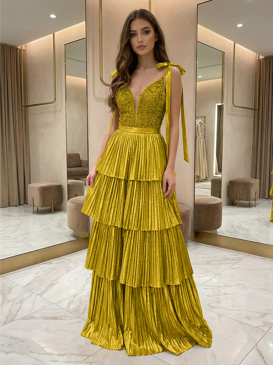 Sequins Tiered Pleated Prom Gowns Metallic V-Neck Maxi Evening Dress f Shirees Sequins Tiered Pleated Prom Gowns Metallic V-Neck Maxi Evening Dress f Shirees