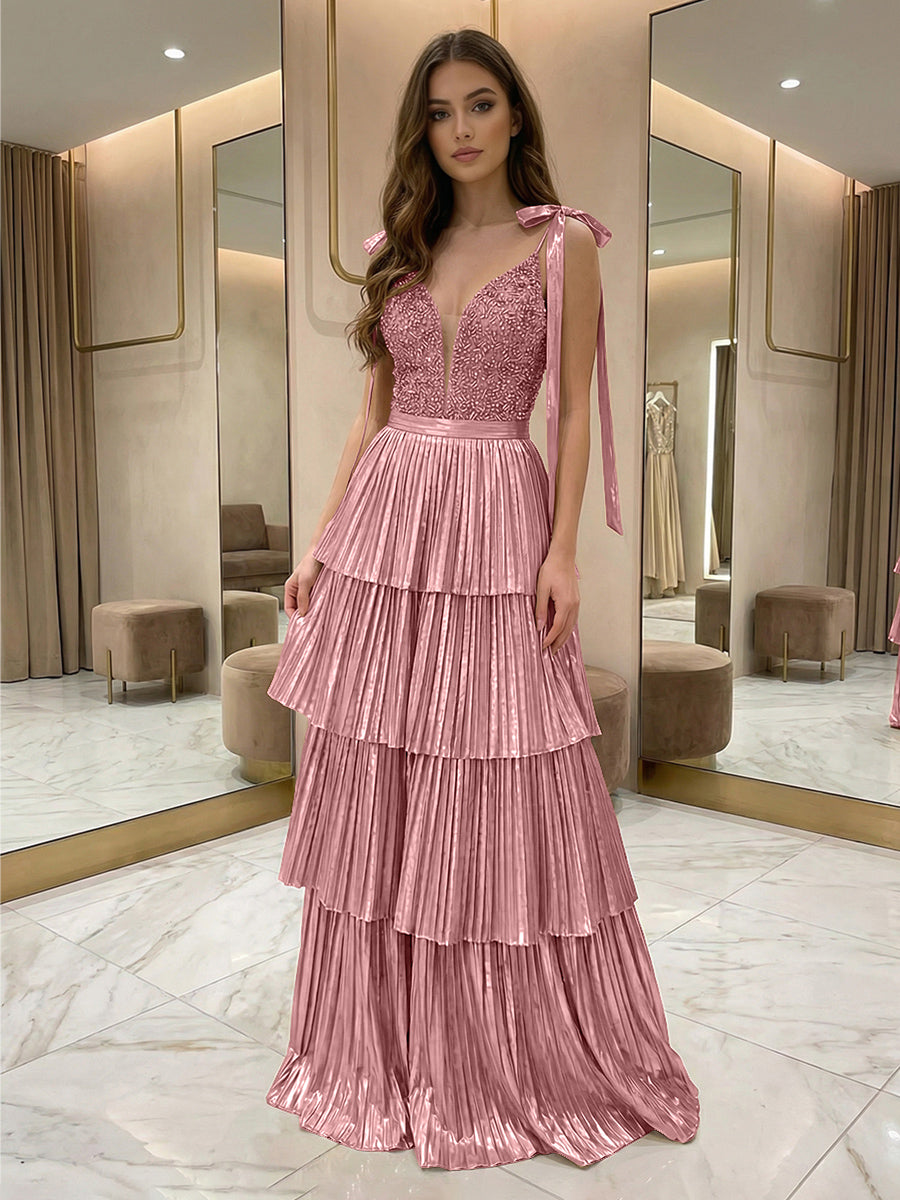 Sequins Tiered Pleated Prom Gowns Metallic V-Neck Maxi Evening Dress for Teens with Bows