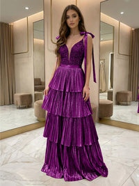 Sequins Tiered Pleated Prom Gowns Metallic V-Neck Maxi Evening Dress for Teens with Bows