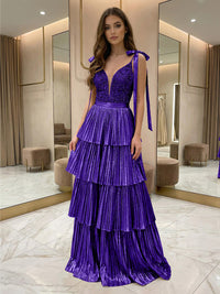Sequins Tiered Pleated Prom Gowns Metallic V-Neck Maxi Evening Dress for Teens with Bows