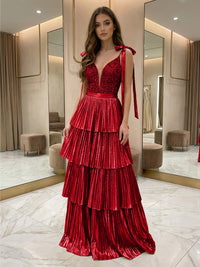 Sequins Tiered Pleated Prom Gowns Metallic V-Neck Maxi Evening Dress for Teens with Bows