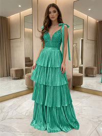 Sequins Tiered Pleated Prom Gowns Metallic V-Neck Maxi Evening Dress for Teens with Bows