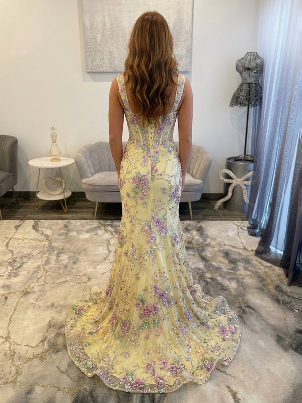 Floral Sweetheart Corset Maxi Prom Dress for Teens Sheath Evening Dress with Slit