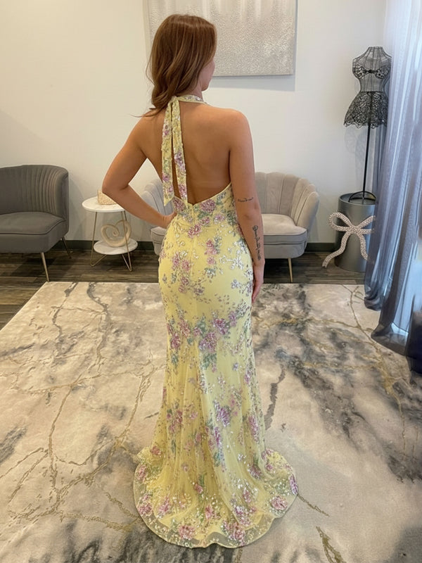 Floral Sequin Sweetheart Halter Corset Maxi Prom Dress for Teens Sheath with Slit