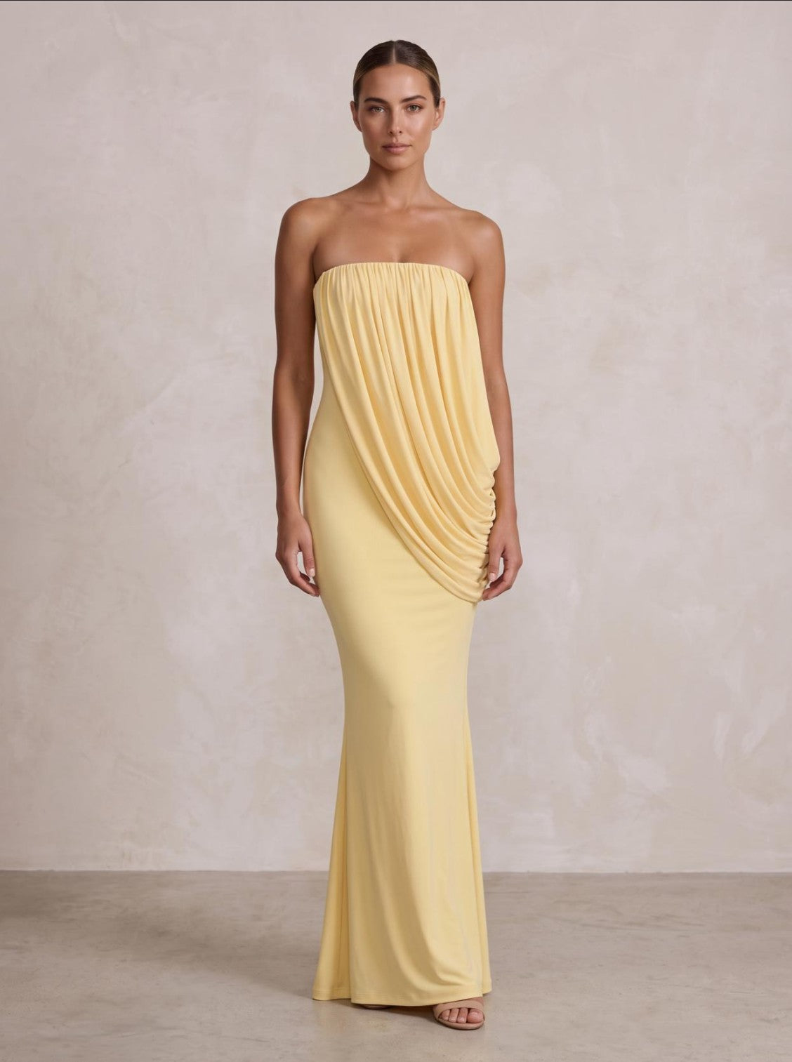 Stretch Jersey Mermaid/Trumpet Strapless Floor-Length Formal Prom Dresses with Pleats