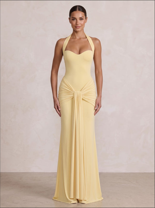Stretch Jersey Sheath/Column Halter Floor-Length Formal Prom Dresses with Pleats
