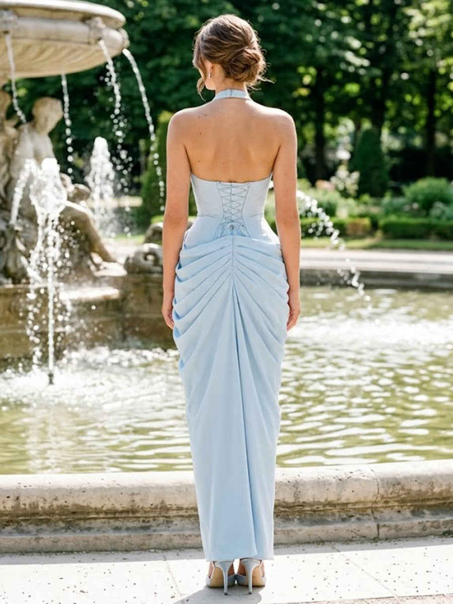 Stretch Jersey Sheath/Column Halter Floor-Length Prom Dresses with Pleats & Slit