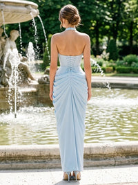 Stretch Jersey Sheath/Column Halter Floor-Length Prom Dresses with Pleats & Slit