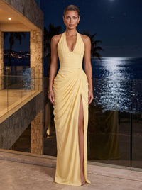 Chiffon Sheath/Column Prom Gowns Halter Floor-Length Formal Evening Dresses with Pleats & Slit