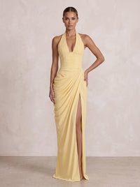 Chiffon Sheath/Column Prom Gowns Halter Floor-Length Formal Evening Dresses with Pleats & Slit