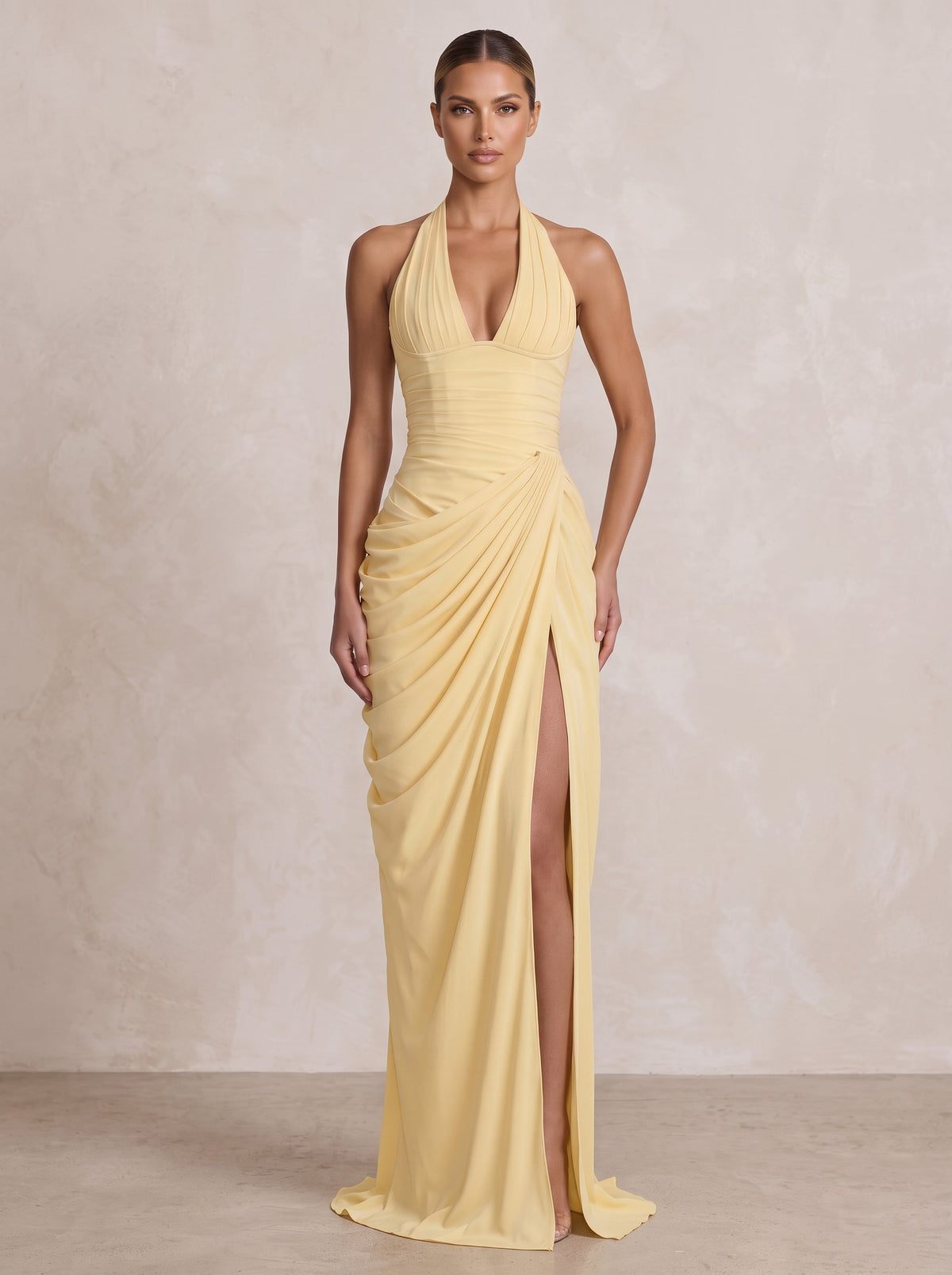 Chiffon Sheath/Column Prom Gowns Halter Floor-Length Formal Evening Dresses with Pleats & Slit