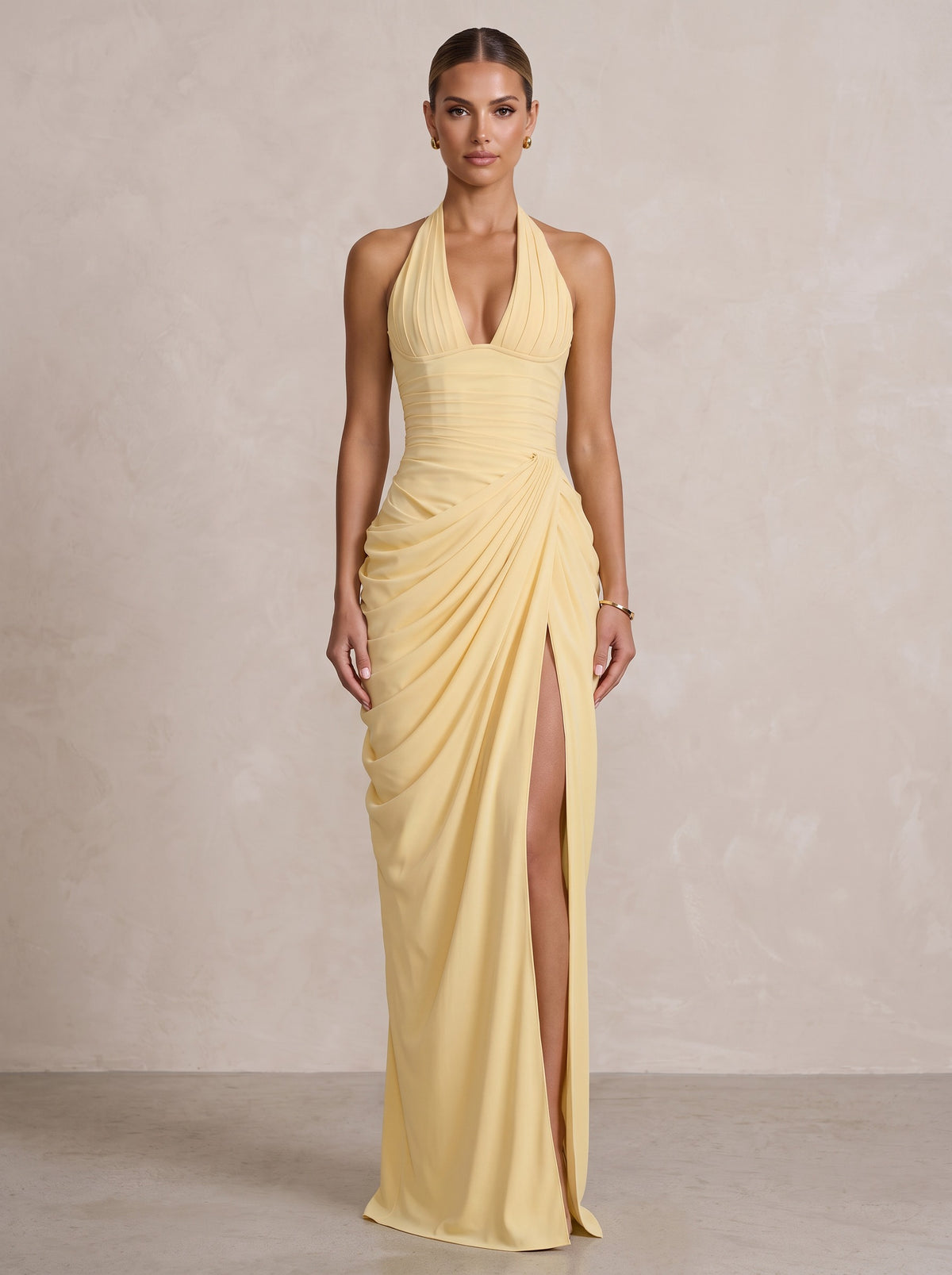 Chiffon Sheath/Column Prom Gowns Halter Floor-Length Formal Evening Dresses with Pleats & Slit