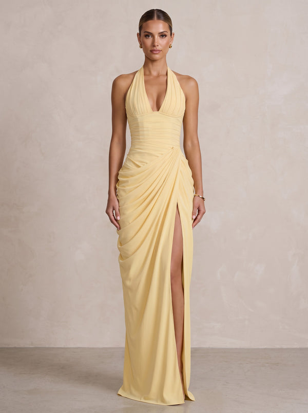 Chiffon Sheath/Column Prom Gowns Halter Floor-Length Formal Evening Dresses with Pleats & Slit