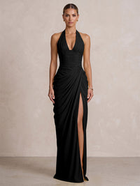 Chiffon Sheath/Column Prom Gowns Halter Floor-Length Formal Evening Dresses with Pleats & Slit
