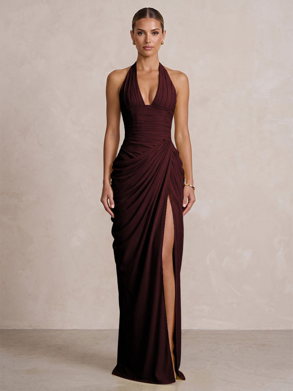Chiffon Sheath/Column Prom Gowns Halter Floor-Length Formal Evening Dresses with Pleats & Slit