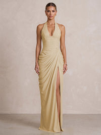 Chiffon Sheath/Column Prom Gowns Halter Floor-Length Formal Evening Dresses with Pleats & Slit