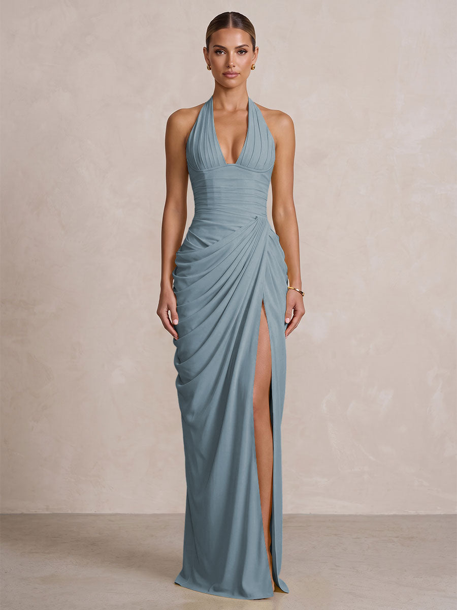 Chiffon Sheath/Column Prom Gowns Halter Floor-Length Formal Evening Dresses with Pleats & Slit
