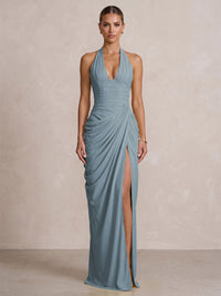 Chiffon Sheath/Column Prom Gowns Halter Floor-Length Formal Evening Dresses with Pleats & Slit