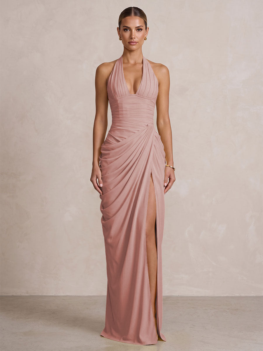 Chiffon Sheath/Column Prom Gowns Halter Floor-Length Formal Evening Dresses with Pleats & Slit