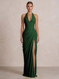 Chiffon Sheath/Column Prom Gowns Halter Floor-Length Formal Evening Dresses with Pleats & Slit