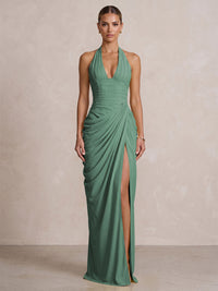 Chiffon Sheath/Column Prom Gowns Halter Floor-Length Formal Evening Dresses with Pleats & Slit