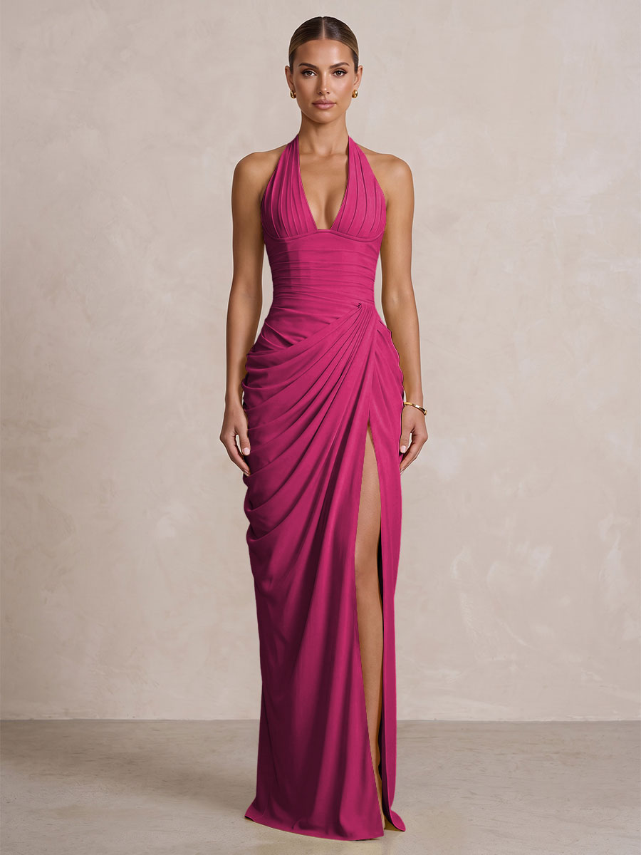 Chiffon Sheath/Column Prom Gowns Halter Floor-Length Formal Evening Dresses with Pleats & Slit