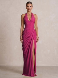 Chiffon Sheath/Column Prom Gowns Halter Floor-Length Formal Evening Dresses with Pleats & Slit
