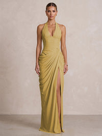 Chiffon Sheath/Column Prom Gowns Halter Floor-Length Formal Evening Dresses with Pleats & Slit