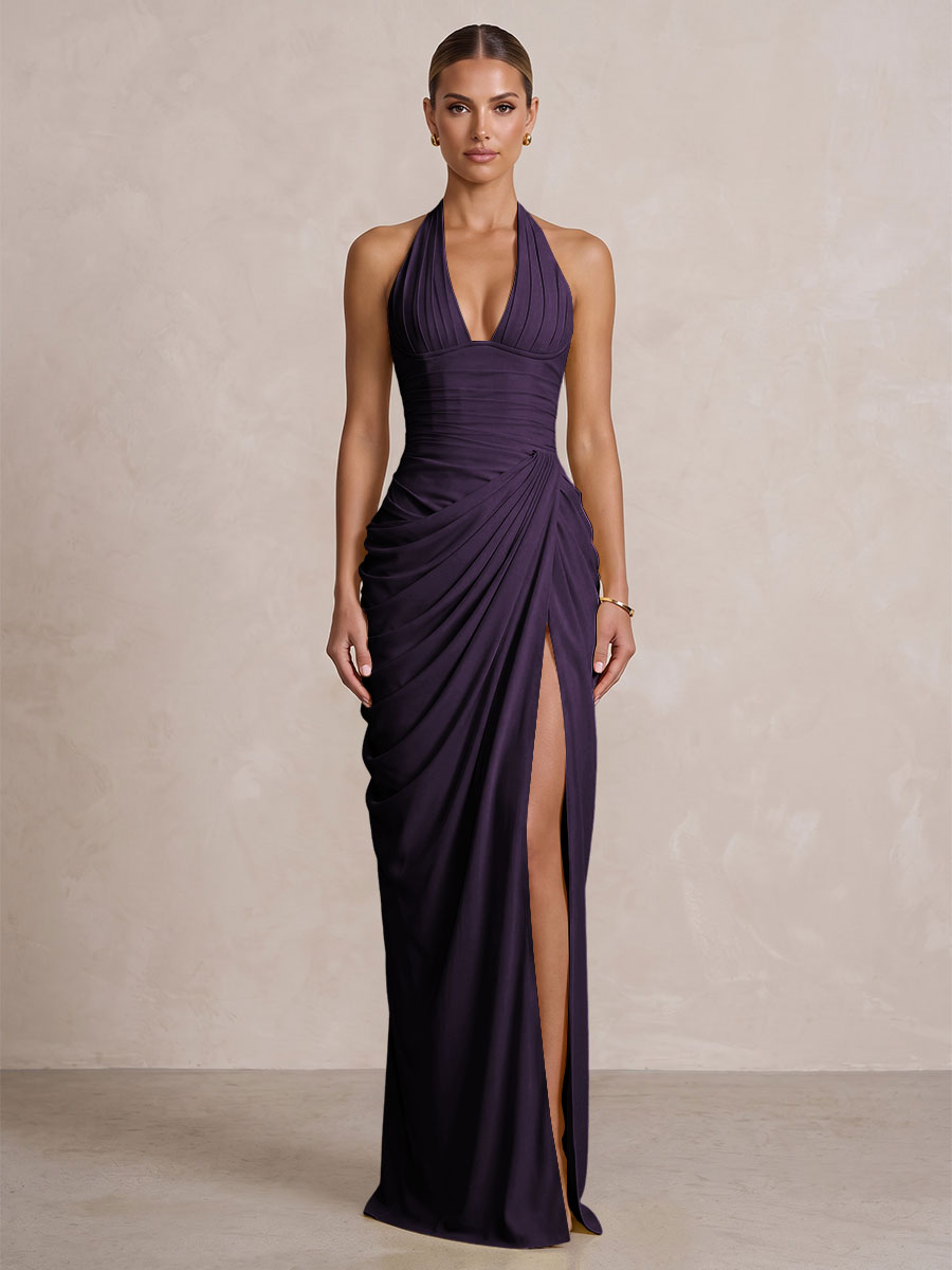 Chiffon Sheath/Column Prom Gowns Halter Floor-Length Formal Evening Dresses with Pleats & Slit