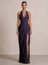 Chiffon Sheath/Column Prom Gowns Halter Floor-Length Formal Evening Dresses with Pleats & Slit