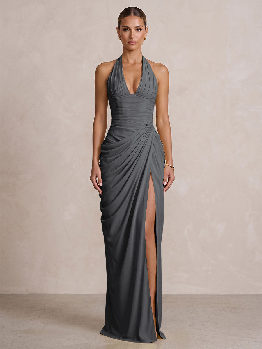 Chiffon Sheath/Column Prom Gowns Halter Floor-Length Formal Evening Dresses with Pleats & Slit