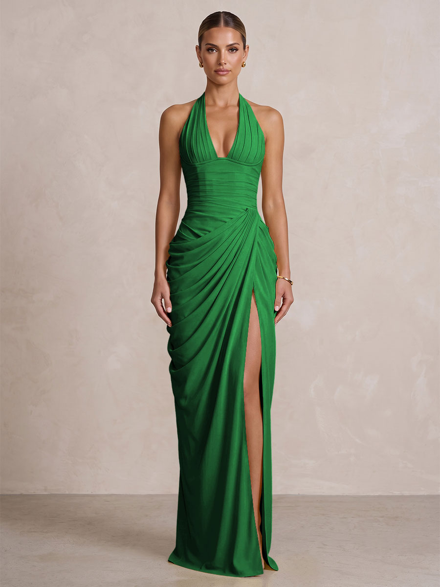 Chiffon Sheath/Column Prom Gowns Halter Floor-Length Formal Evening Dresses with Pleats & Slit