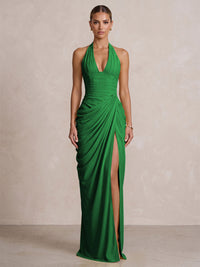 Chiffon Sheath/Column Prom Gowns Halter Floor-Length Formal Evening Dresses with Pleats & Slit