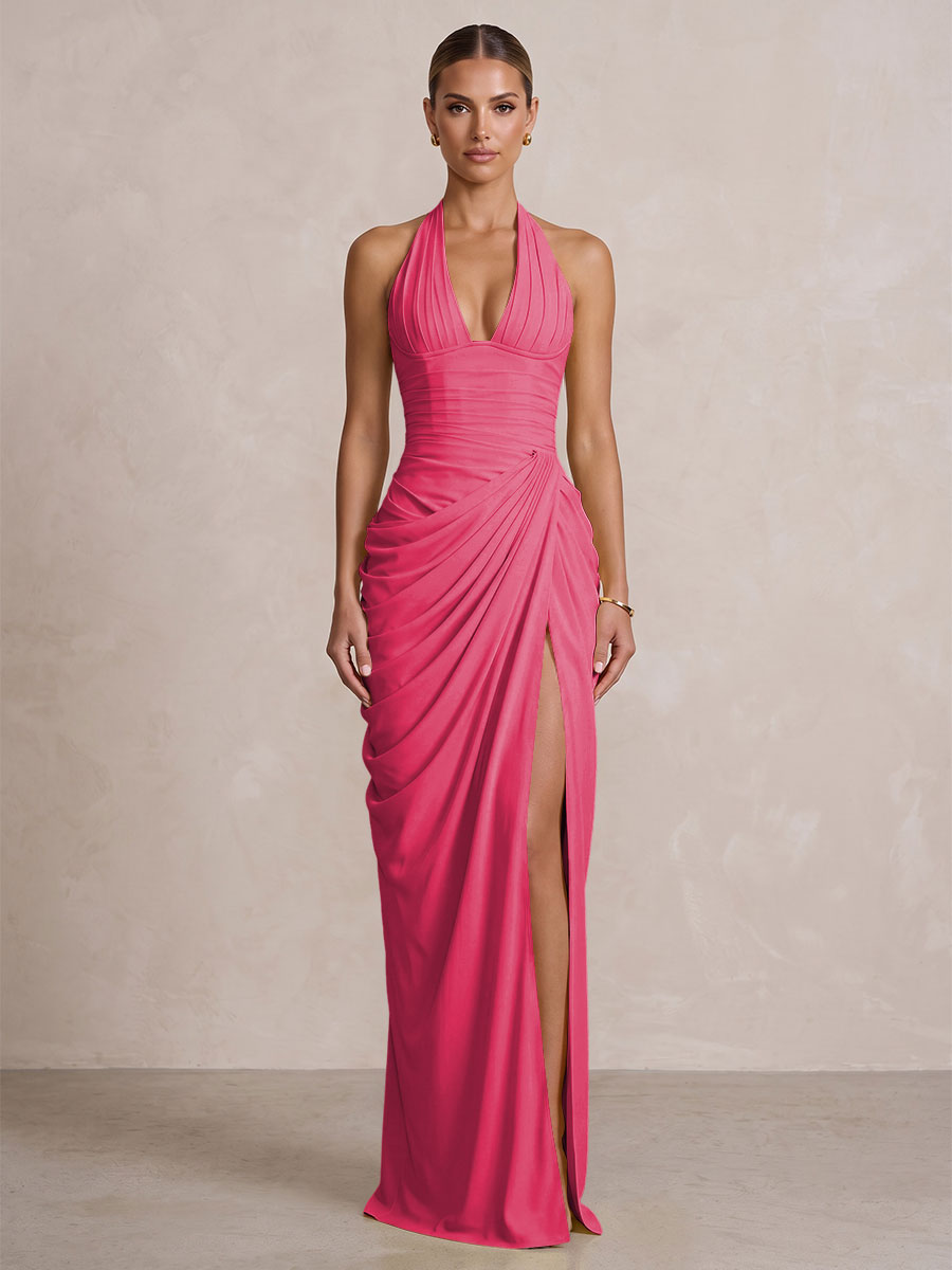 Chiffon Sheath/Column Prom Gowns Halter Floor-Length Formal Evening Dresses with Pleats & Slit