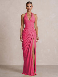Chiffon Sheath/Column Prom Gowns Halter Floor-Length Formal Evening Dresses with Pleats & Slit