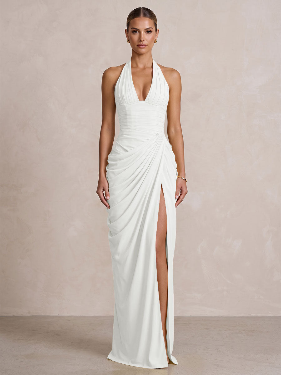 Chiffon Sheath/Column Prom Gowns Halter Floor-Length Formal Evening Dresses with Pleats & Slit